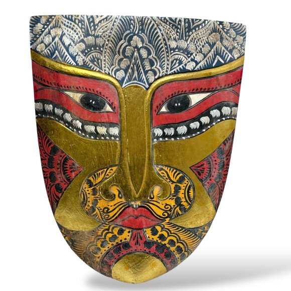 Wooden Tribal Mask Wall Decor Balinese Style Handpainted Artisan Crafted 11.5" - Picture 1 of 12
